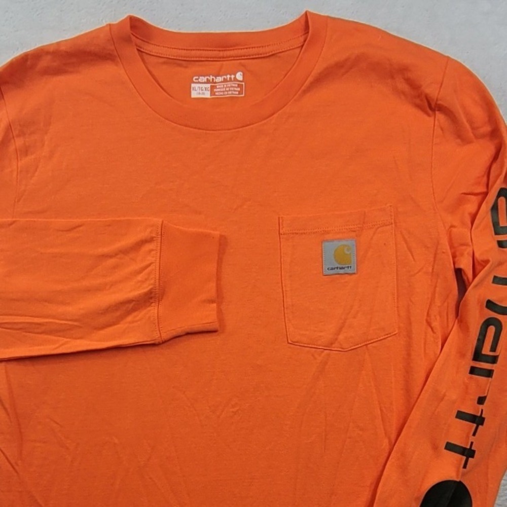 Carhartt Kids XL 18-20 Long Sleeve Pocket T-Shirt Orange Graphic Unisex NEW